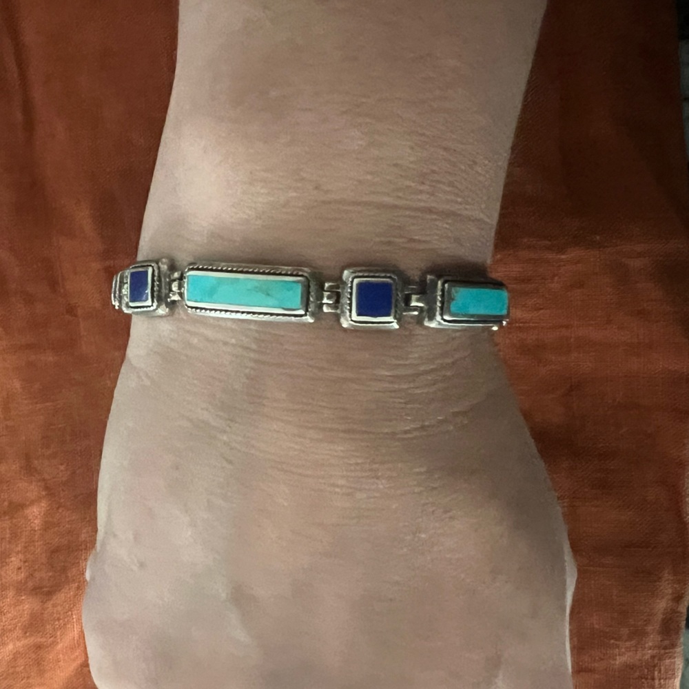 Sterling silver bracelet with turquoise & lapis lazuli stones